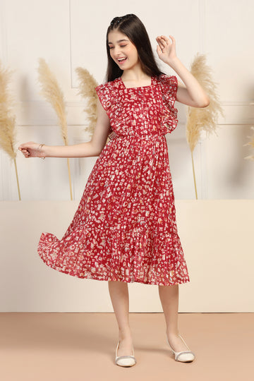 Girls Red Zari Georgette Floral Printed Fit & Flare Calf Length Dress