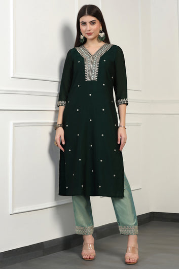 Womens Green Vichitra Embroidered Calf Length Kurta And Trouser With Dupatta Set