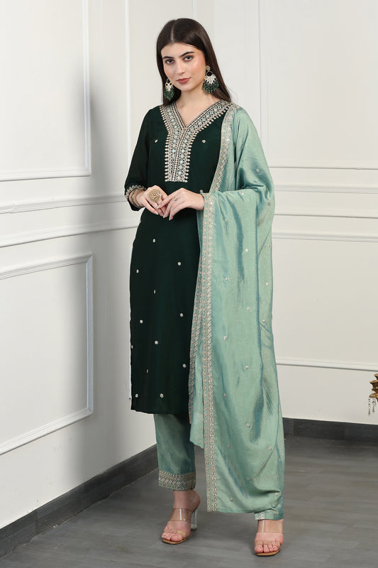 Womens Green Vichitra Embroidered Calf Length Kurta And Trouser With Dupatta Set