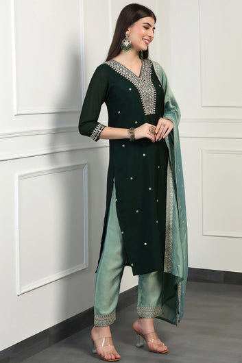 Womens Green Vichitra Embroidered Calf Length Kurta And Trouser With Dupatta Set