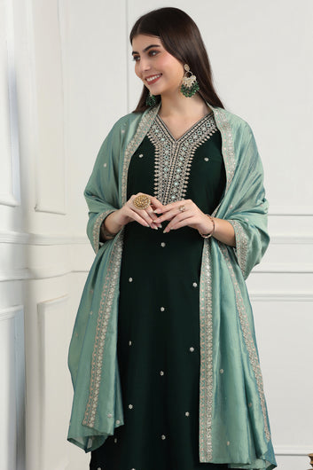 Womens Green Vichitra Embroidered Calf Length Kurta And Trouser With Dupatta Set