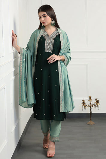 Womens Green Vichitra Embroidered Calf Length Kurta And Trouser With Dupatta Set