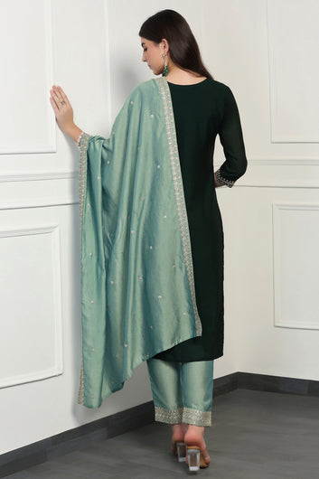 Womens Green Vichitra Embroidered Calf Length Kurta And Trouser With Dupatta Set