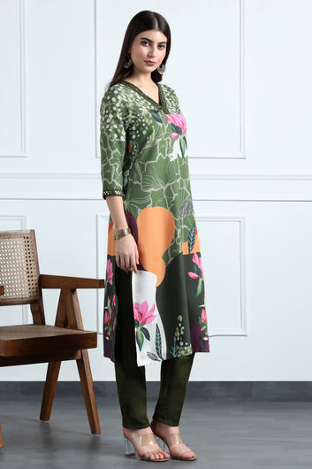 Womens Multicolor Cotton Blend Floral Printed Calf Length Kurta With Trouser Set