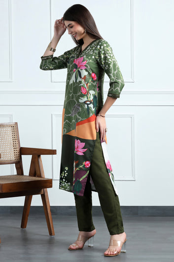 Womens Multicolor Cotton Blend Floral Printed Calf Length Kurta With Trouser Set