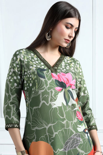 Womens Multicolor Cotton Blend Floral Printed Calf Length Kurta With Trouser Set