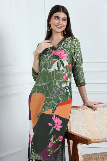 Womens Multicolor Cotton Blend Floral Printed Calf Length Kurta With Trouser Set