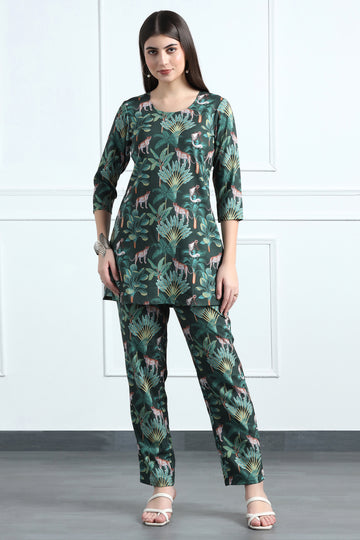 Women's Bottle Green Cotton Blend tropical printed Co-ords