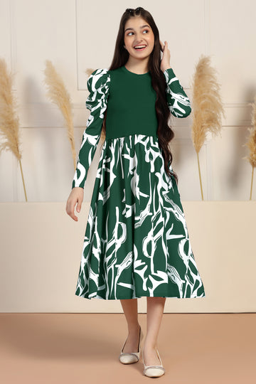 Girls Green Delta All Over Printed A-line Casual Midi Length Dress