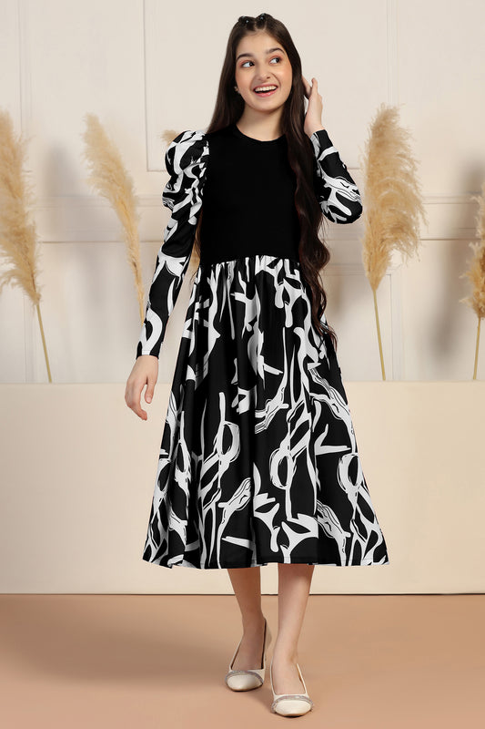 Girls Black Delta All Over Printed A-line Casual Midi Length Dress