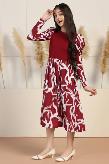 Girls Maroon Delta All Over Printed A-line Casual Midi Length Dress