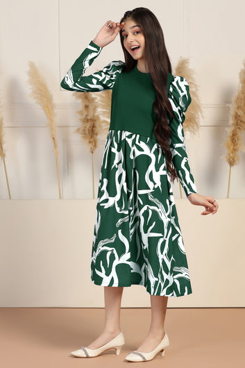 Girls Green Delta All Over Printed A-line Casual Midi Length Dress