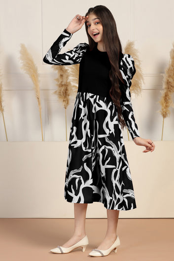 Girls Black Delta All Over Printed A-line Casual Midi Length Dress