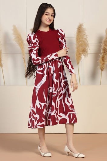 Girls Maroon Delta All Over Printed A-line Casual Midi Length Dress