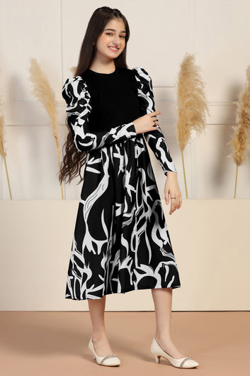 Girls Black Delta All Over Printed A-line Casual Midi Length Dress