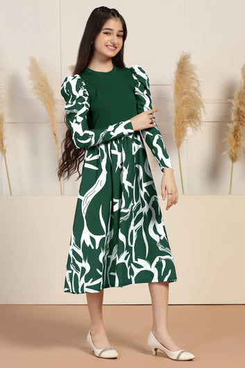 Girls Green Delta All Over Printed A-line Casual Midi Length Dress