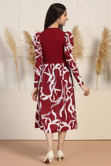 Girls Maroon Delta All Over Printed A-line Casual Midi Length Dress