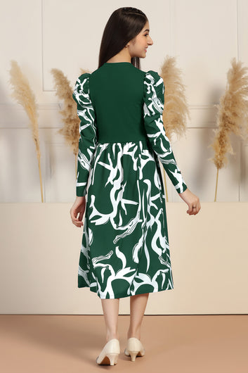 Girls Green Delta All Over Printed A-line Casual Midi Length Dress