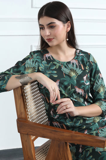 Women's Bottle Green Cotton Blend tropical printed Co-ords