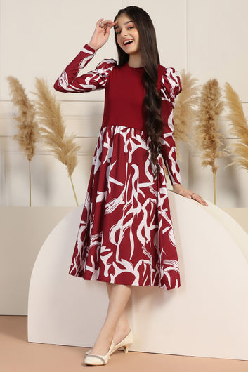 Girls Maroon Delta All Over Printed A-line Casual Midi Length Dress