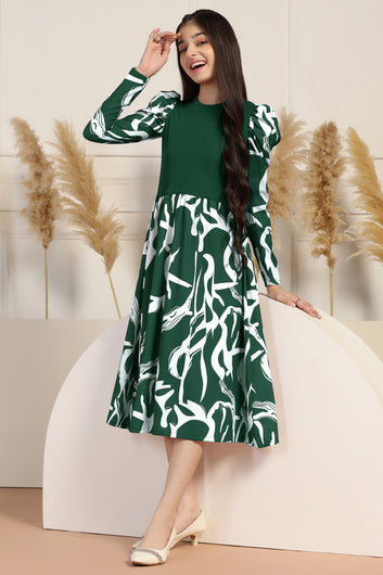 Girls Green Delta All Over Printed A-line Casual Midi Length Dress