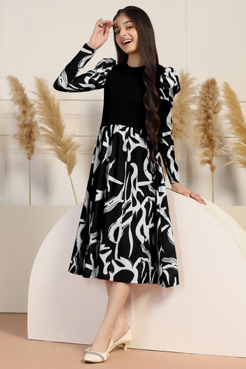 Girls Black Delta All Over Printed A-line Casual Midi Length Dress