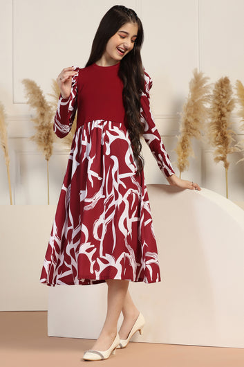 Girls Maroon Delta All Over Printed A-line Casual Midi Length Dress