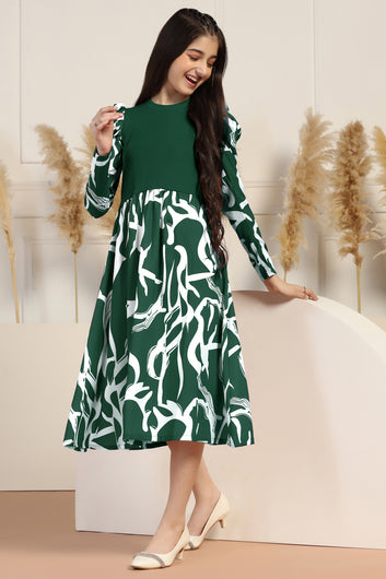 Girls Green Delta All Over Printed A-line Casual Midi Length Dress