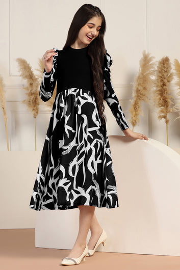 Girls Black Delta All Over Printed A-line Casual Midi Length Dress