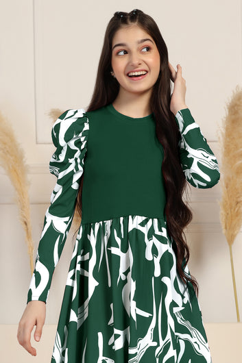 Girls Green Delta All Over Printed A-line Casual Midi Length Dress