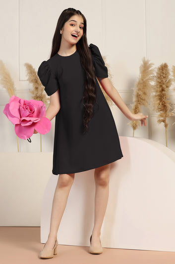 Girls Black Cotton Blend Solid A-line Knee Length Dress