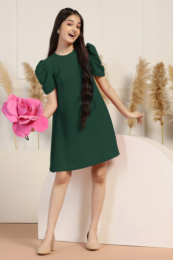 Girls Dark Green Cotton Blend Solid A-line Knee Length Dress