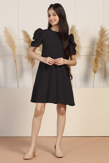 Girls Black Cotton Blend Solid A-line Knee Length Dress