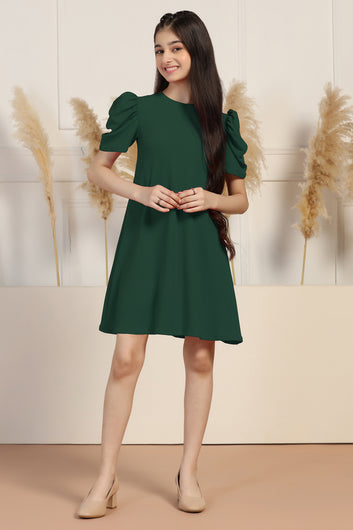 Girls Dark Green Cotton Blend Solid A-line Knee Length Dress