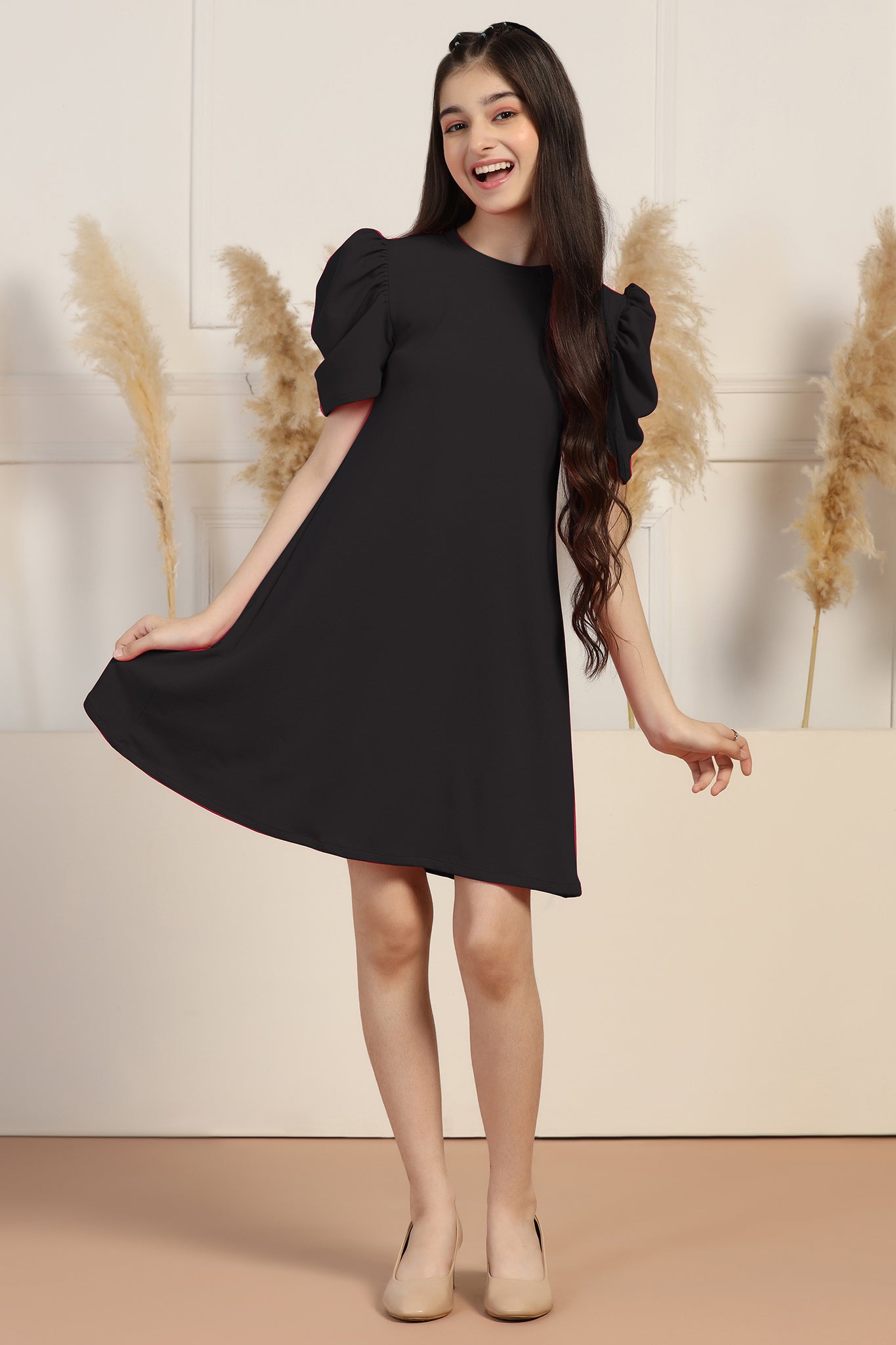 Girls Black Cotton Blend Solid A-line Knee Length Dress