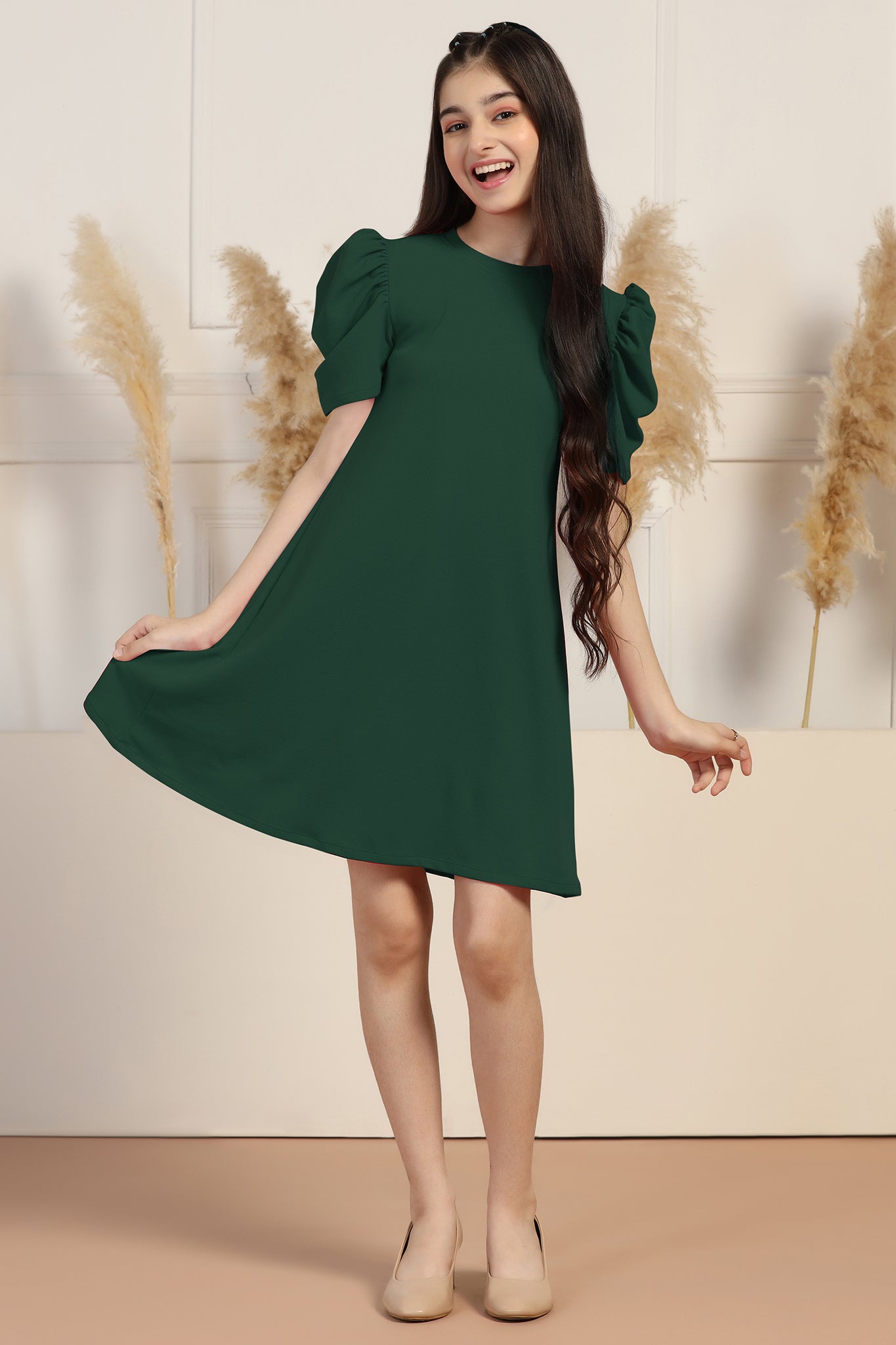 Girls Dark Green Cotton Blend Solid A-line Knee Length Dress