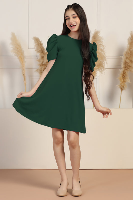 Girls Dark Green Cotton Blend Solid A-line Knee Length Dress