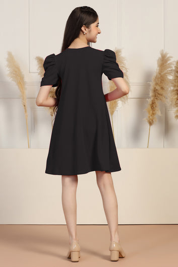 Girls Black Cotton Blend Solid A-line Knee Length Dress