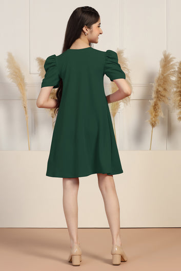 Girls Dark Green Cotton Blend Solid A-line Knee Length Dress