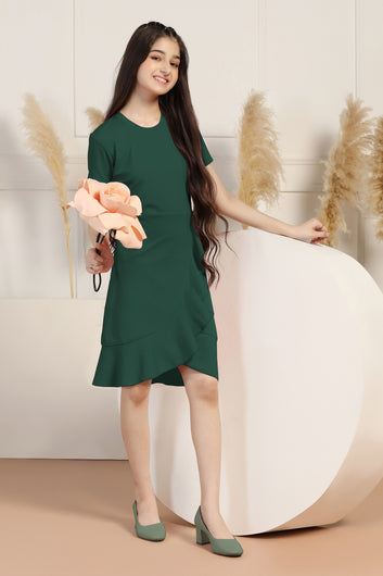 Girls Dark Green Cottton Blend Solid Ruffle Casual Knee Length Dress