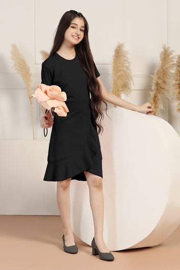 Girls Black Cotton Blend Solid A-line Ruffle Knee Length Dress