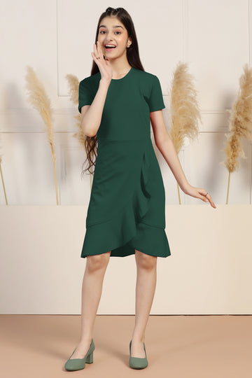 Girls Dark Green Cottton Blend Solid Ruffle Casual Knee Length Dress