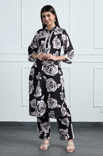 Womens Black Cotton Blend Floral Printed Calf Length Kurta With Trouser Set