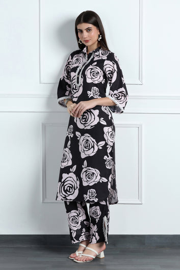 Womens Black Cotton Blend Floral Printed Calf Length Kurta With Trouser Set