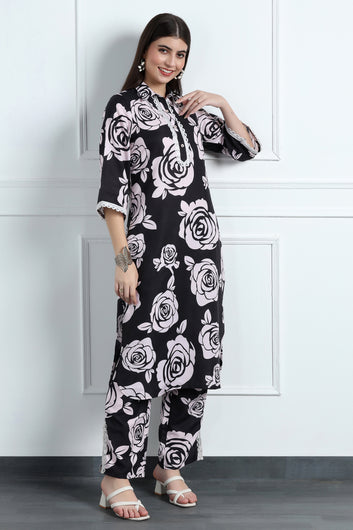 Womens Black Cotton Blend Floral Printed Calf Length Kurta With Trouser Set