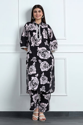 Womens Black Cotton Blend Floral Printed Calf Length Kurta With Trouser Set