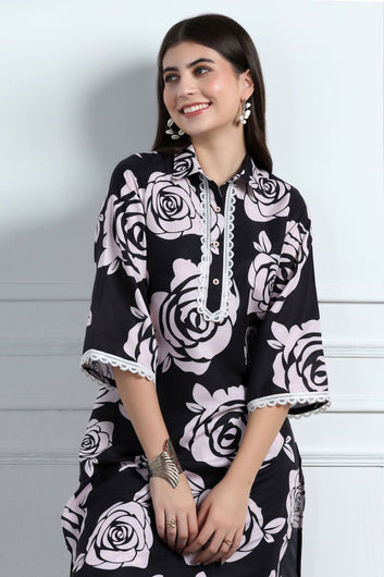 Womens Black Cotton Blend Floral Printed Calf Length Kurta With Trouser Set