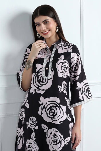 Womens Black Cotton Blend Floral Printed Calf Length Kurta With Trouser Set