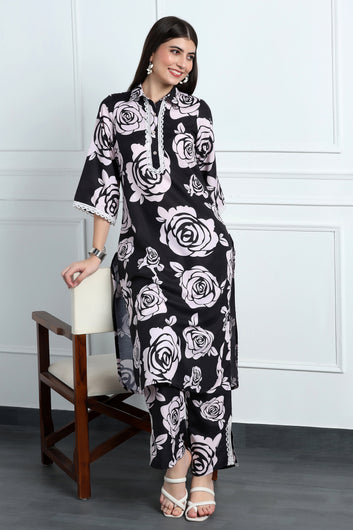 Womens Black Cotton Blend Floral Printed Calf Length Kurta With Trouser Set