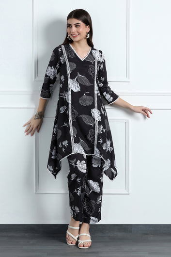 Womens Black Cotton Blend Floral Printed Knee Length Kurta With Trouser Set